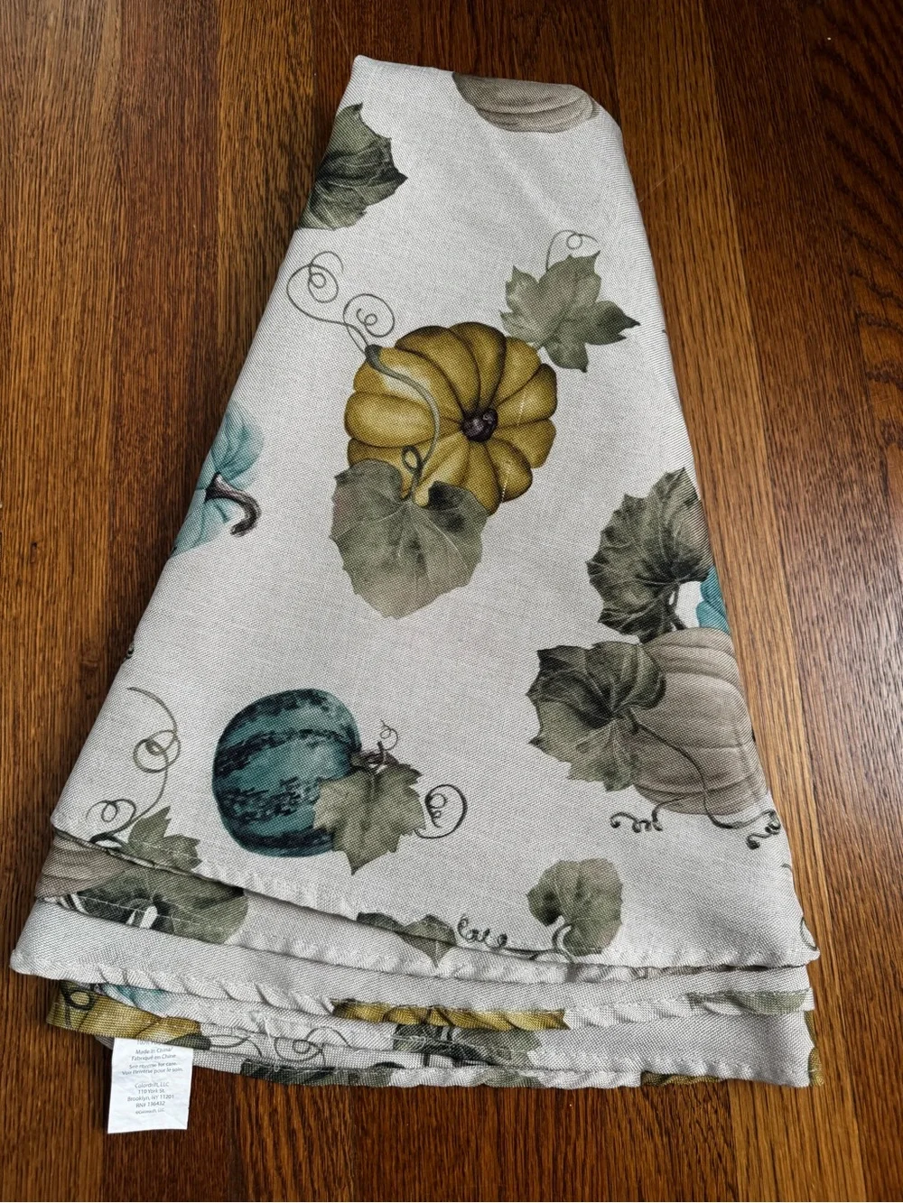 Harvest Pumpkin Round Table Linen - White with Mustard & Teal Pumpkins